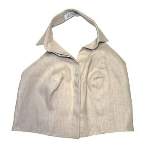 Hevron Tan Linen Halter Crop Top Collared Button Down Waistcoat Vest Womens XS